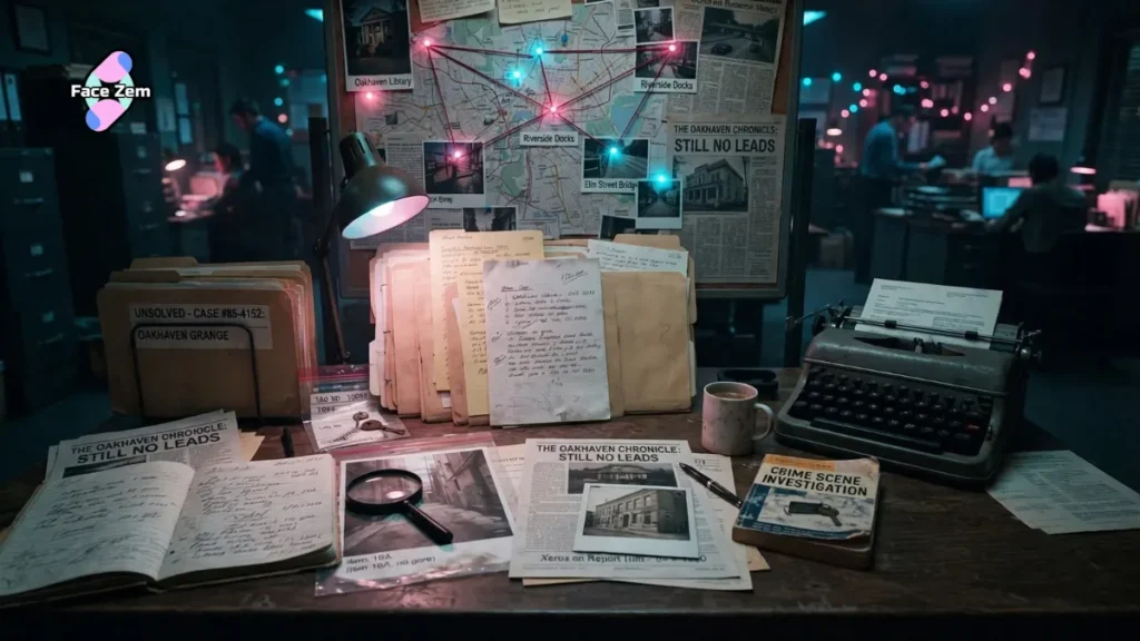 Detective desk featuring an investigation pin board, case files, typewriter, and crime scene investigation manual.
