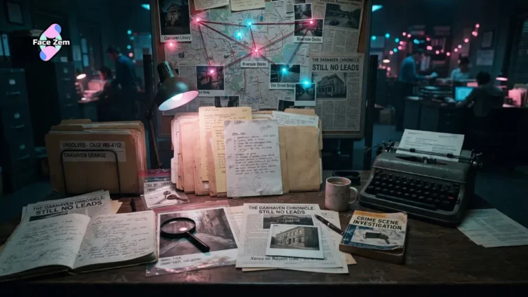 Detective desk featuring an investigation pin board, case files, typewriter, and crime scene investigation manual.