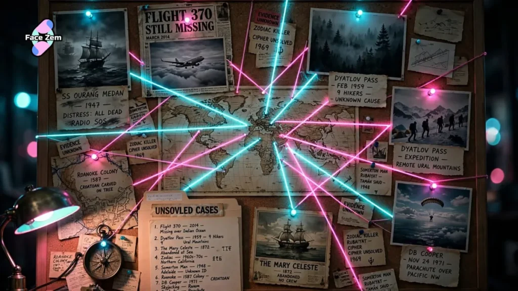 Detective evidence board with pinned photos, maps, flight logs, newspaper clippings, case notes, and glowing neon connecting lines for famous unsolved mysteries.