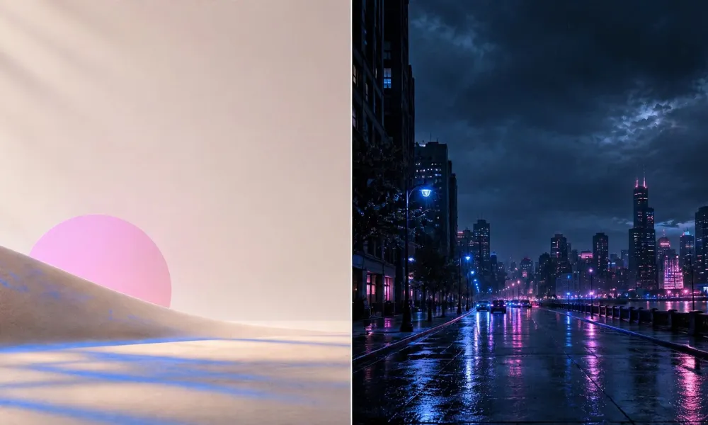 Split wallpaper showcasing a minimalist pink sun landscape next to a dark moody rainy street scene