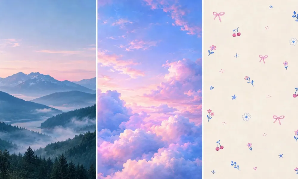 Three-panel phone wallpaper layout featuring misty mountains, pastel clouds, and cute hand-drawn bow patterns