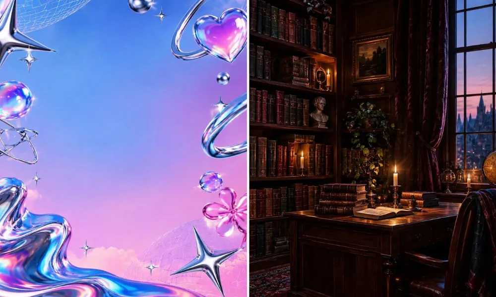 Comparison image with shiny chrome Y2K graphics on the left and a cozy dark academia library scene on the right