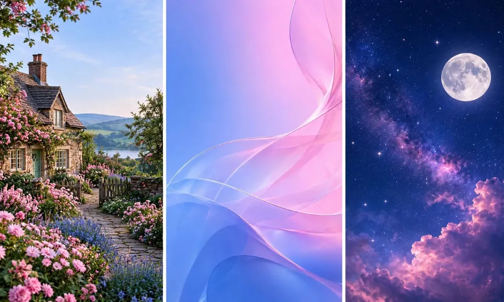Three vertical wallpapers showing a cottagecore garden house, a smooth abstract wave gradient, and a celestial night sky with a full moon