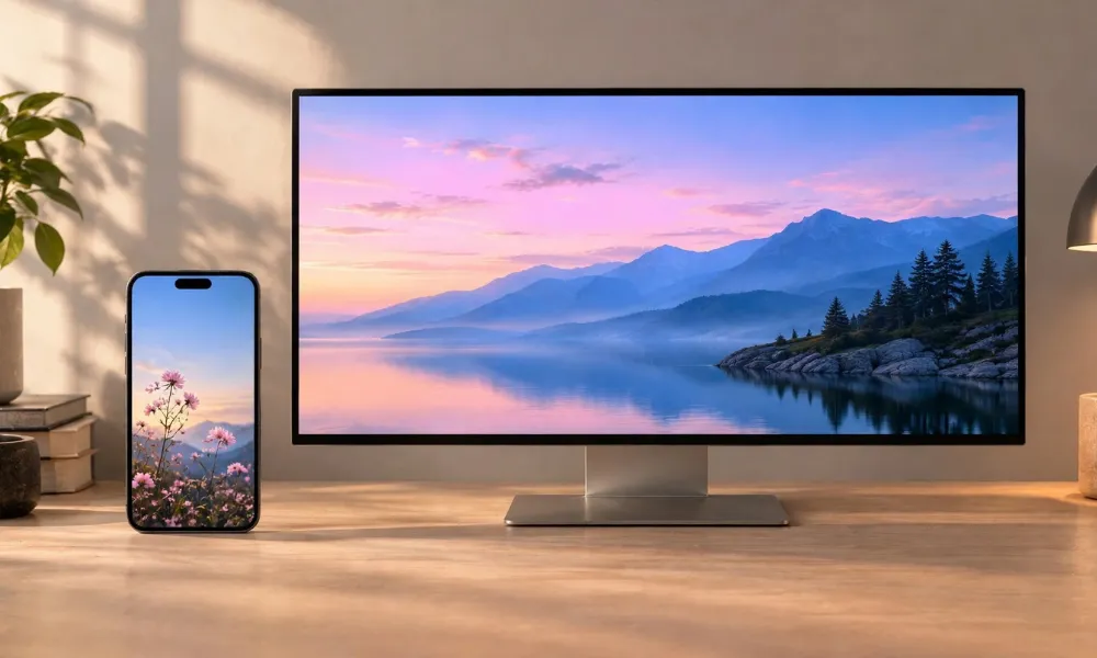 Desktop setup with a phone and monitor displaying matching landscape wallpapers on a clean wooden desk