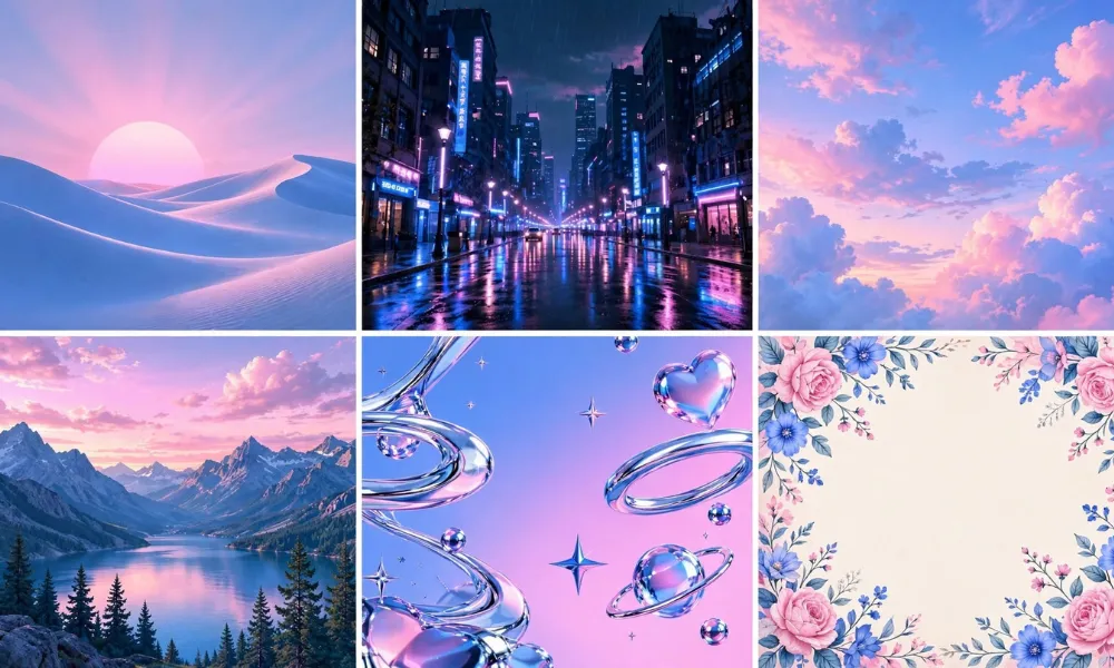 Grid showcasing six different wallpaper styles including desert dunes, neon city, pastel clouds, mountains, 3D graphics, and floral patterns