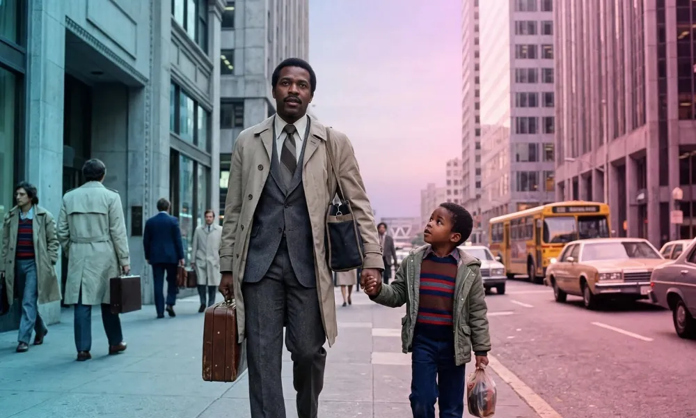 Chris Gardner's Journey walking on road with his son.